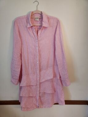 Finley Jenna Pale Pink 100% Linen Ruffle Shirt Dress Lagenlook XL